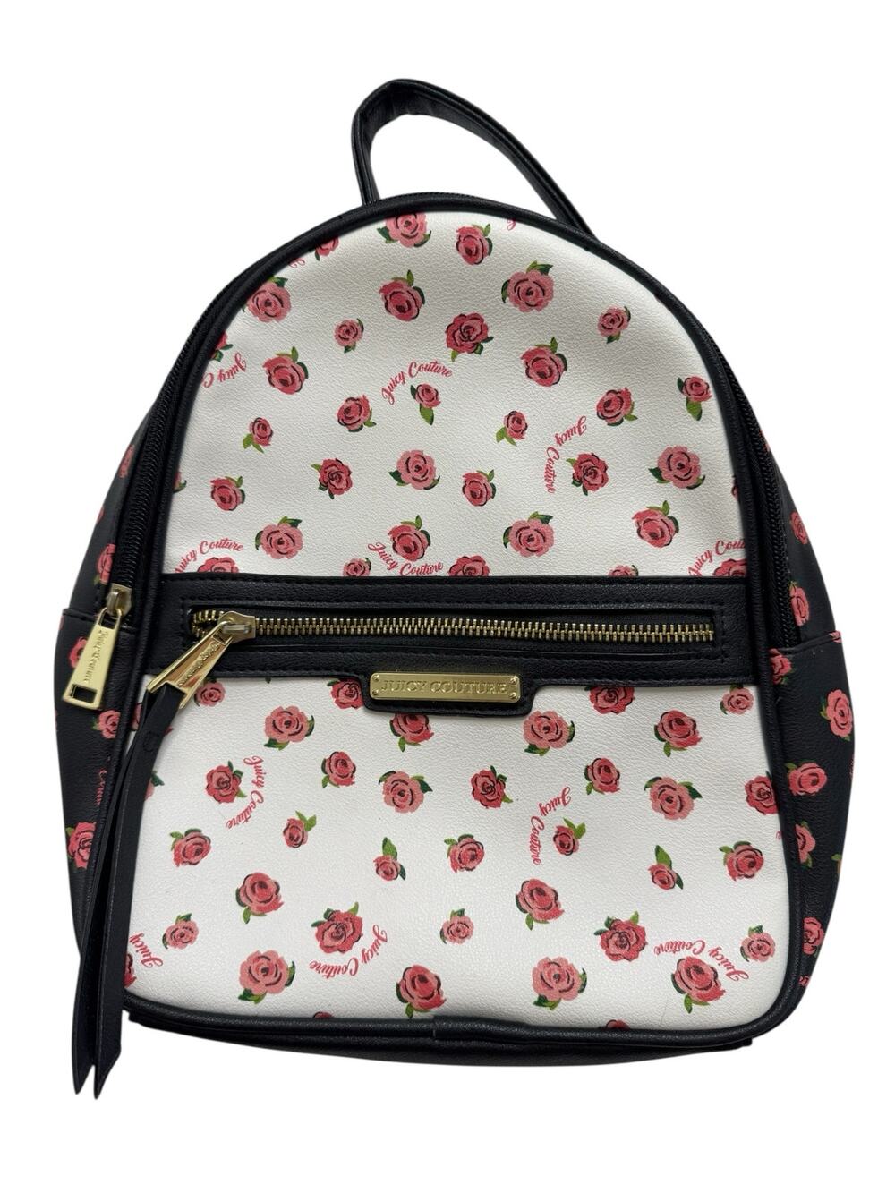 JUICY COUTURE Mini Backpack Pink Roses Black White Gold Zipper Y2K